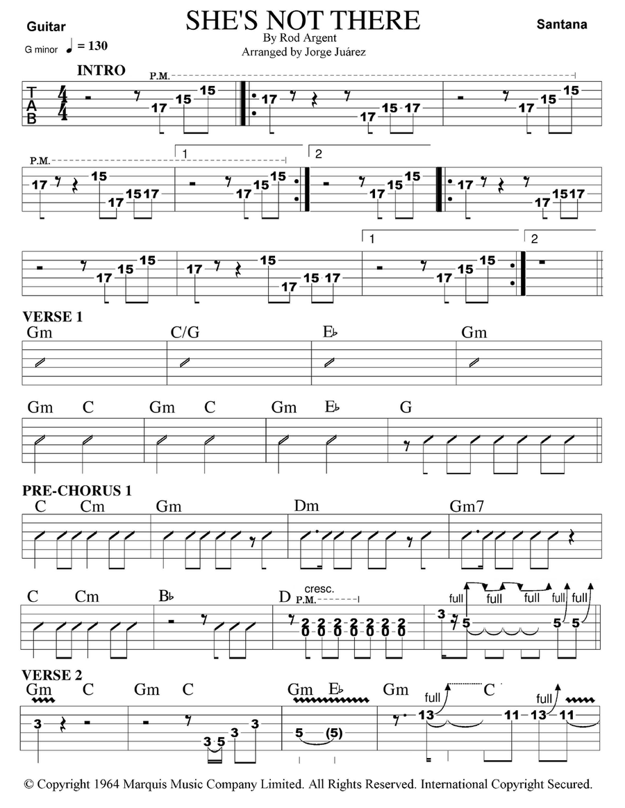 She's Not There Guitar Tablature scores gallery preview page 1