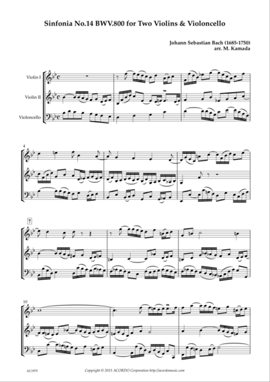 Sinfonia No.14 BWV.800 for Two Violins & Violoncello String Duet scores gallery preview page 1
