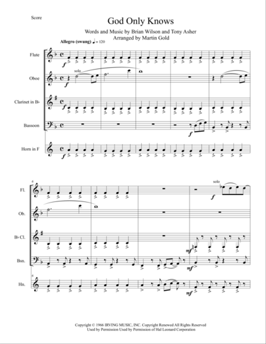 God Only Knows Woodwind Quintet scores gallery preview page 1