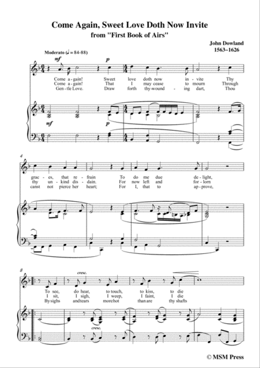 Dowland-Come Again, Sweet Love Doth Now Invite in F Major, for Voice and Piano image number null