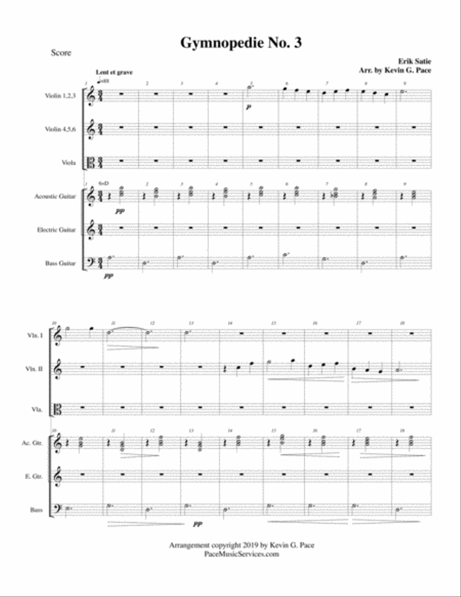 Gymnopedie No. 3: arranged for violins, viola, acoustic guitar, electric guitar and bass guitar Small Ensemble scores gallery preview page 2