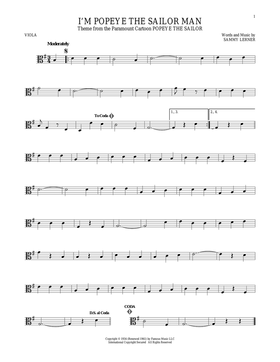 I'm Popeye The Sailor Man Viola Solo scores gallery preview page 1