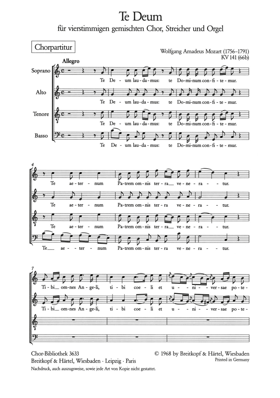 Te Deum in C major K. 141 (66b) by Wolfgang Amadeus Mozart 4-Part - Sheet Music
