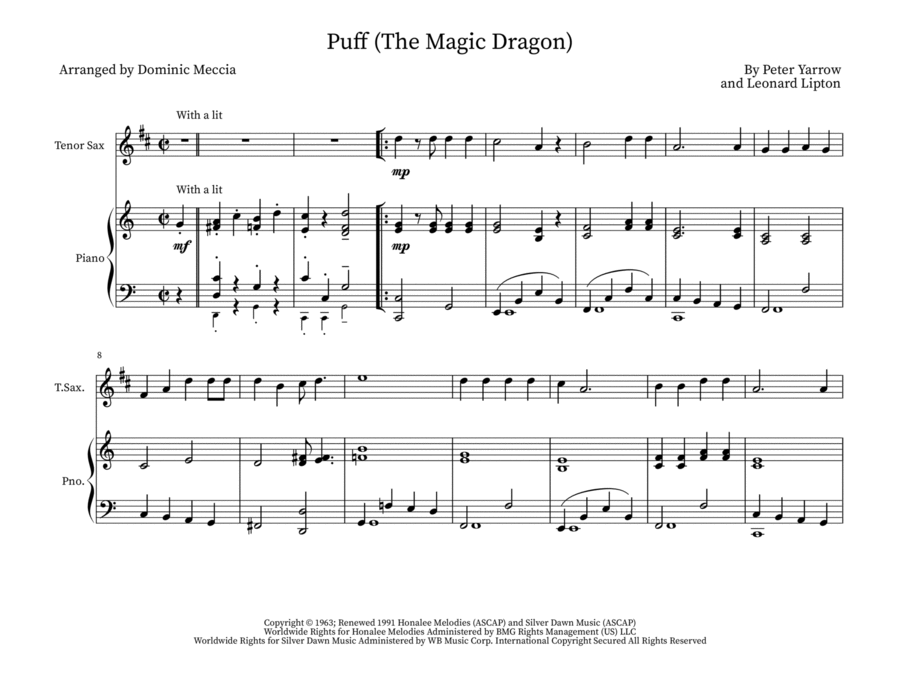 Puff The Magic Dragon Puff The Magic Dragon Tenor Saxophone scores gallery preview page 1