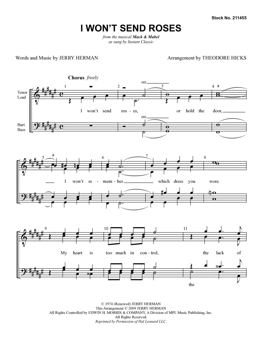 I Won't Send Roses (from Mack & Mabel) (arr. Theodore Hicks) TTBB scores gallery preview page 1