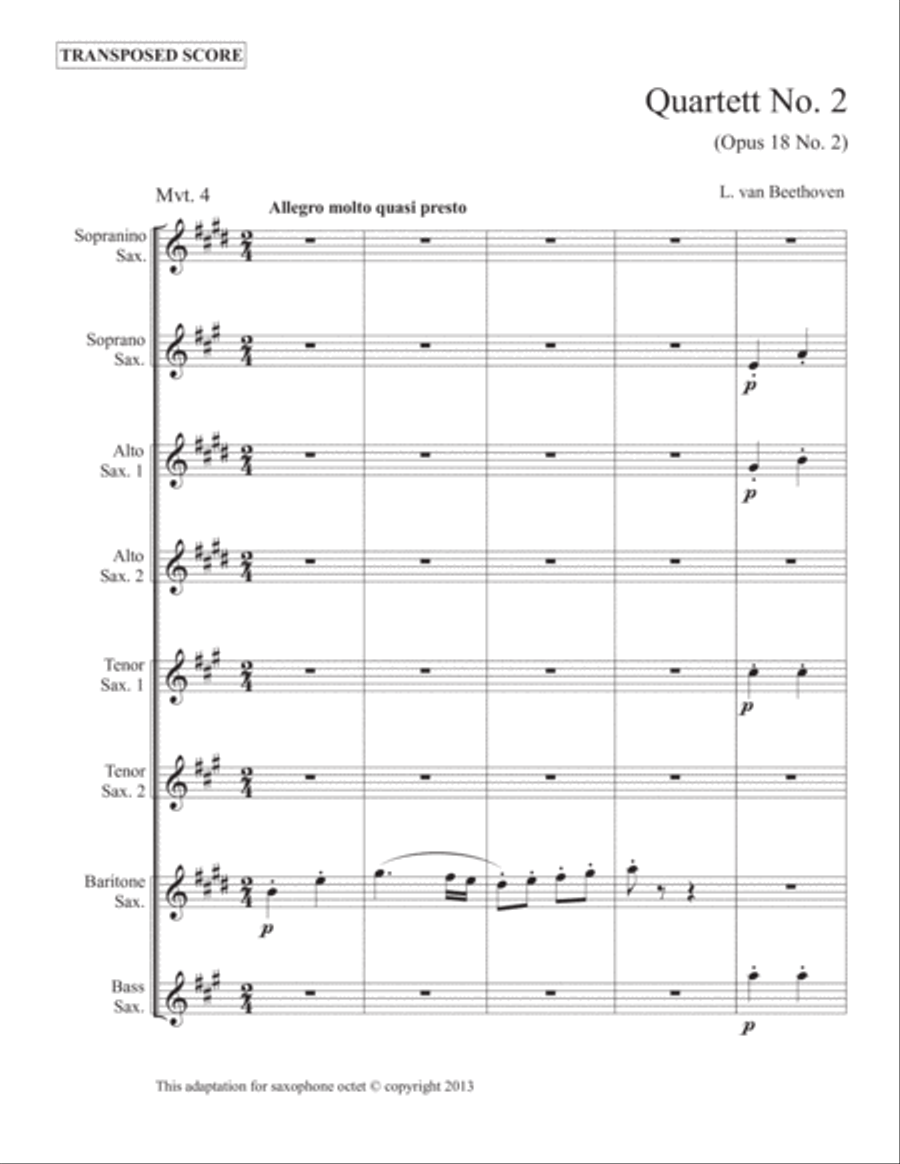 Beethoven No. 2, Opus 18 (Mvt 4) (sax. 8) (score & parts) Small Ensemble scores gallery preview page 3