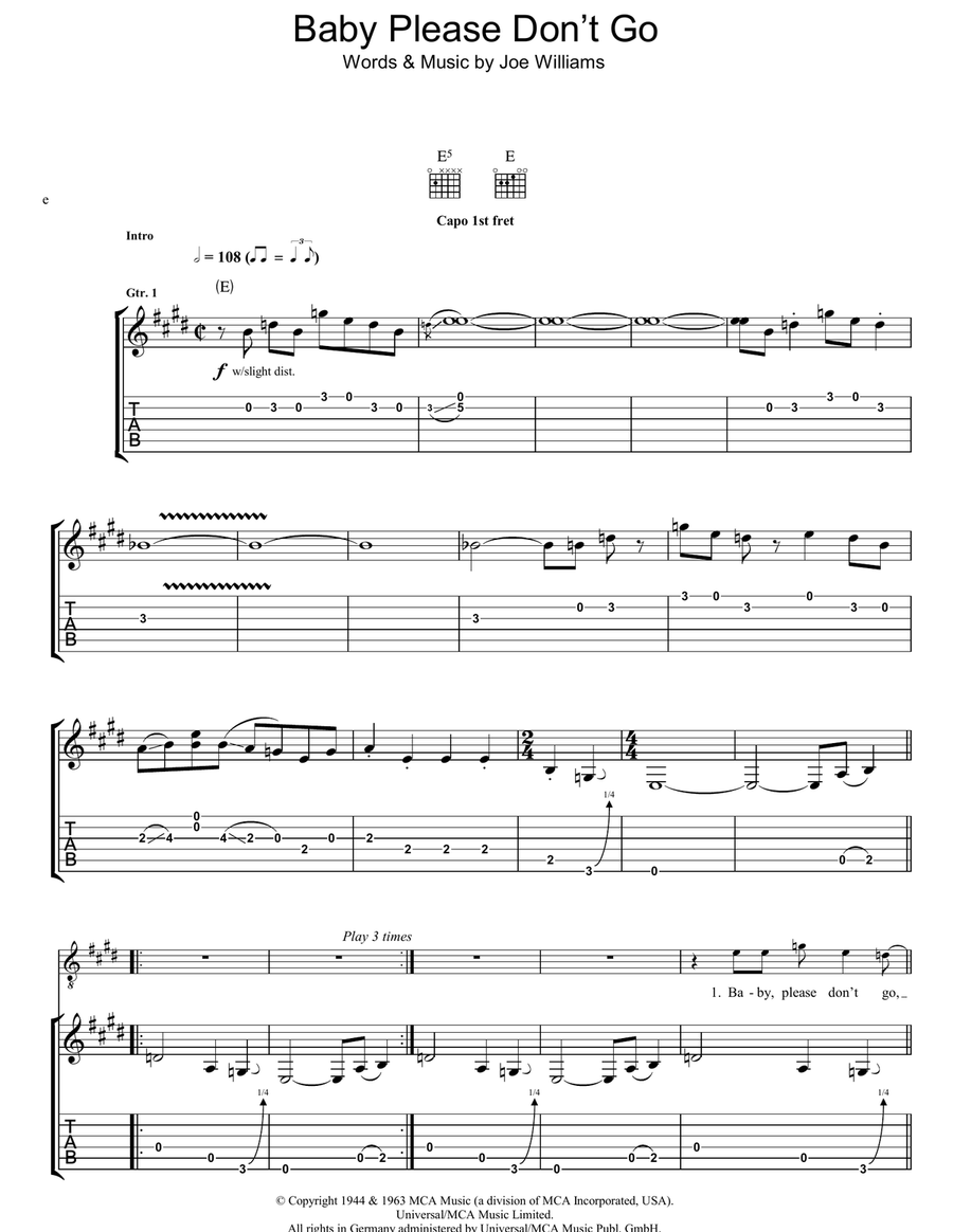 Baby, Please Don't Go Guitar Tablature scores gallery preview page 1