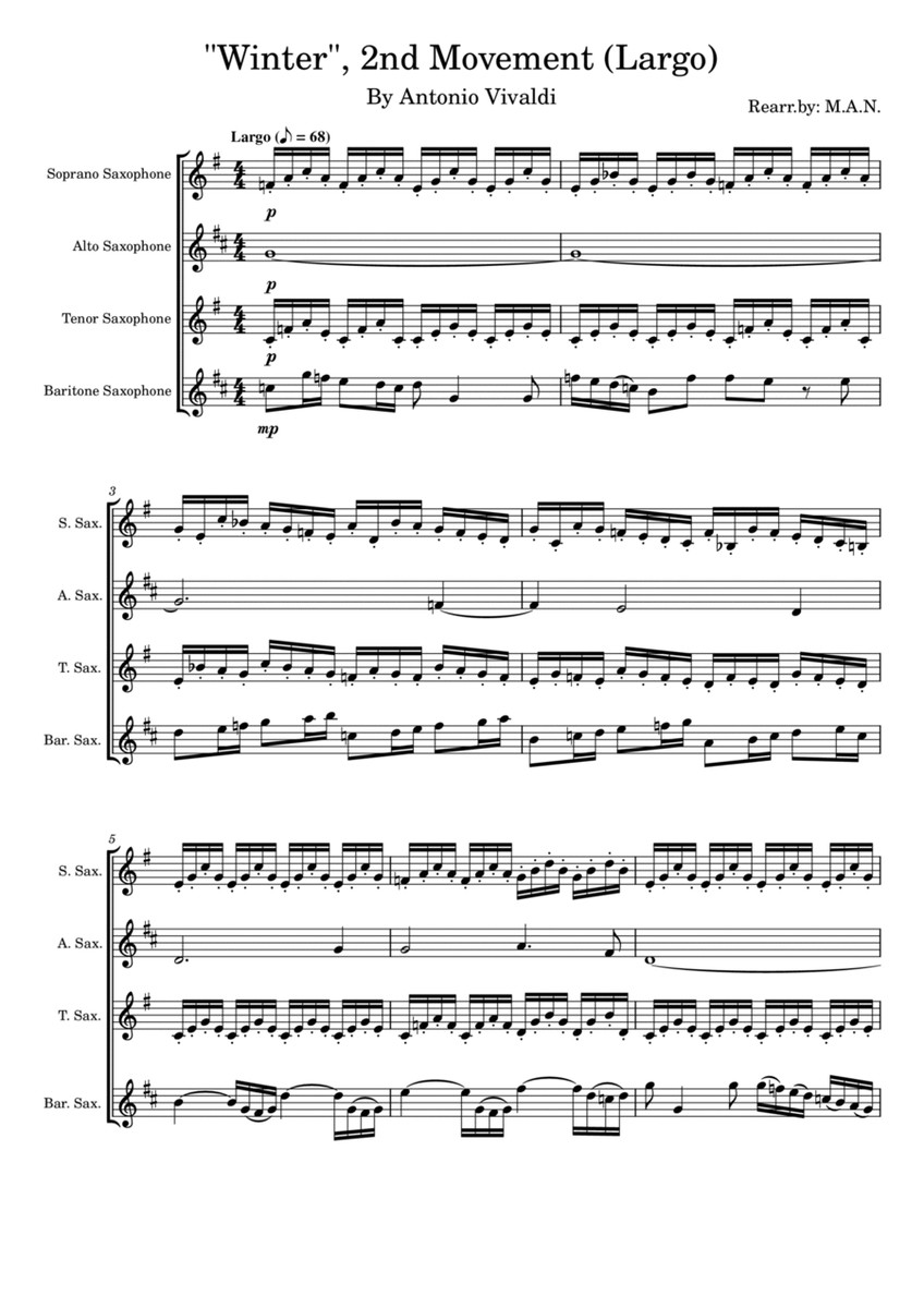 Vivaldi's Four Seasons, Winter, 2nd Movement (Largo) for Saxophone Quartet image number null