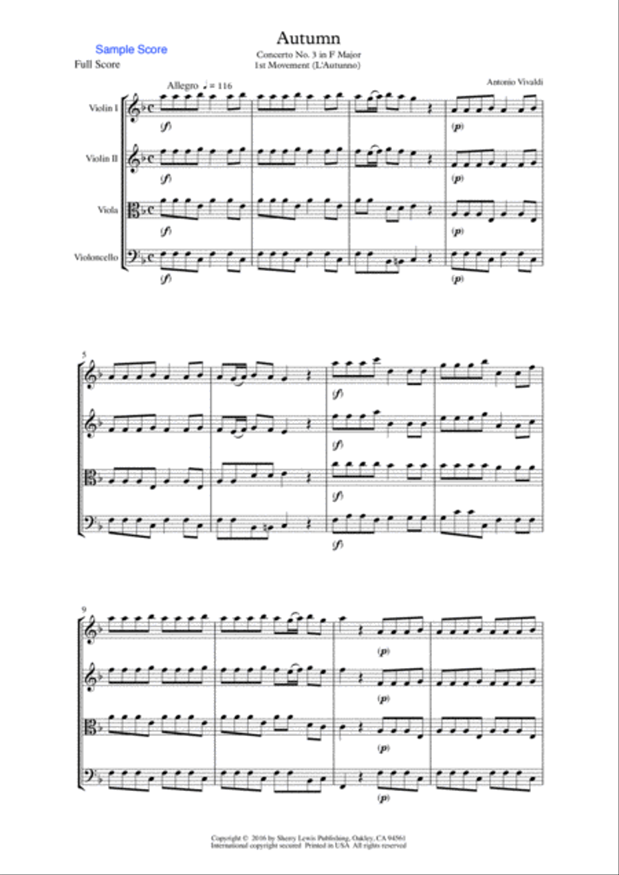 AUTUMN, Allegro by Vivaldi String Quartet, Intermediate Level for 2 violins, viola and cello String Quartet scores gallery preview page 3