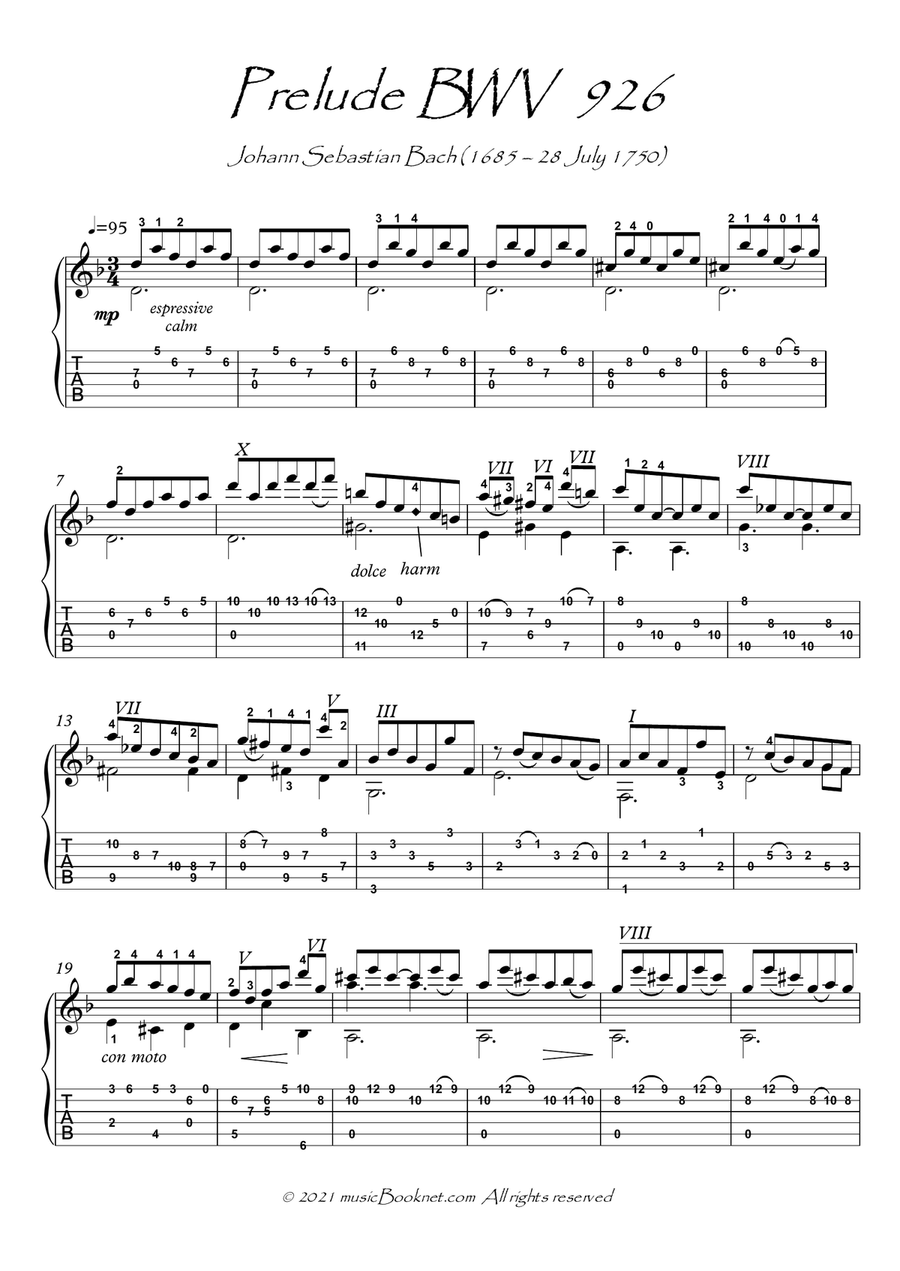 Bach for Guitar Prelude BWV 926 guitar solo Acoustic Guitar scores gallery preview page 1