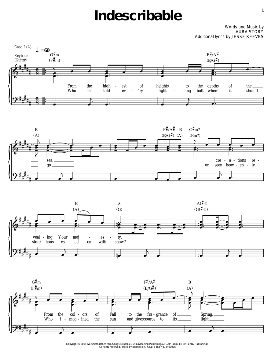 Indescribable Indescribable Piano, Vocal, Guitar scores gallery preview page 1