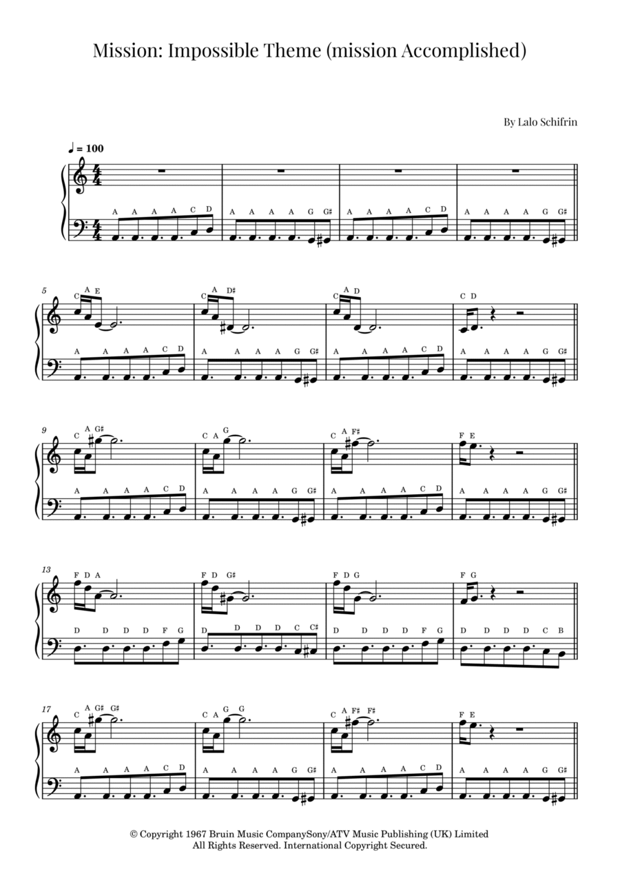 Mission: Impossible Theme (mission Accomplished) Mission: Impossible Theme (mission Accomplished) Easy Piano scores gallery preview page 1