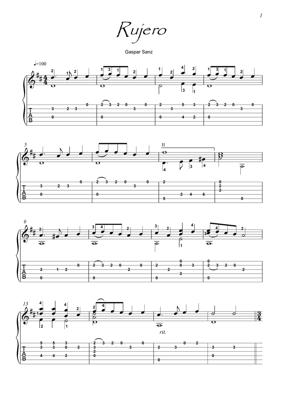 Rujero y Paradetas by Gaspar Sanz Classical Guitar scores gallery preview page 1