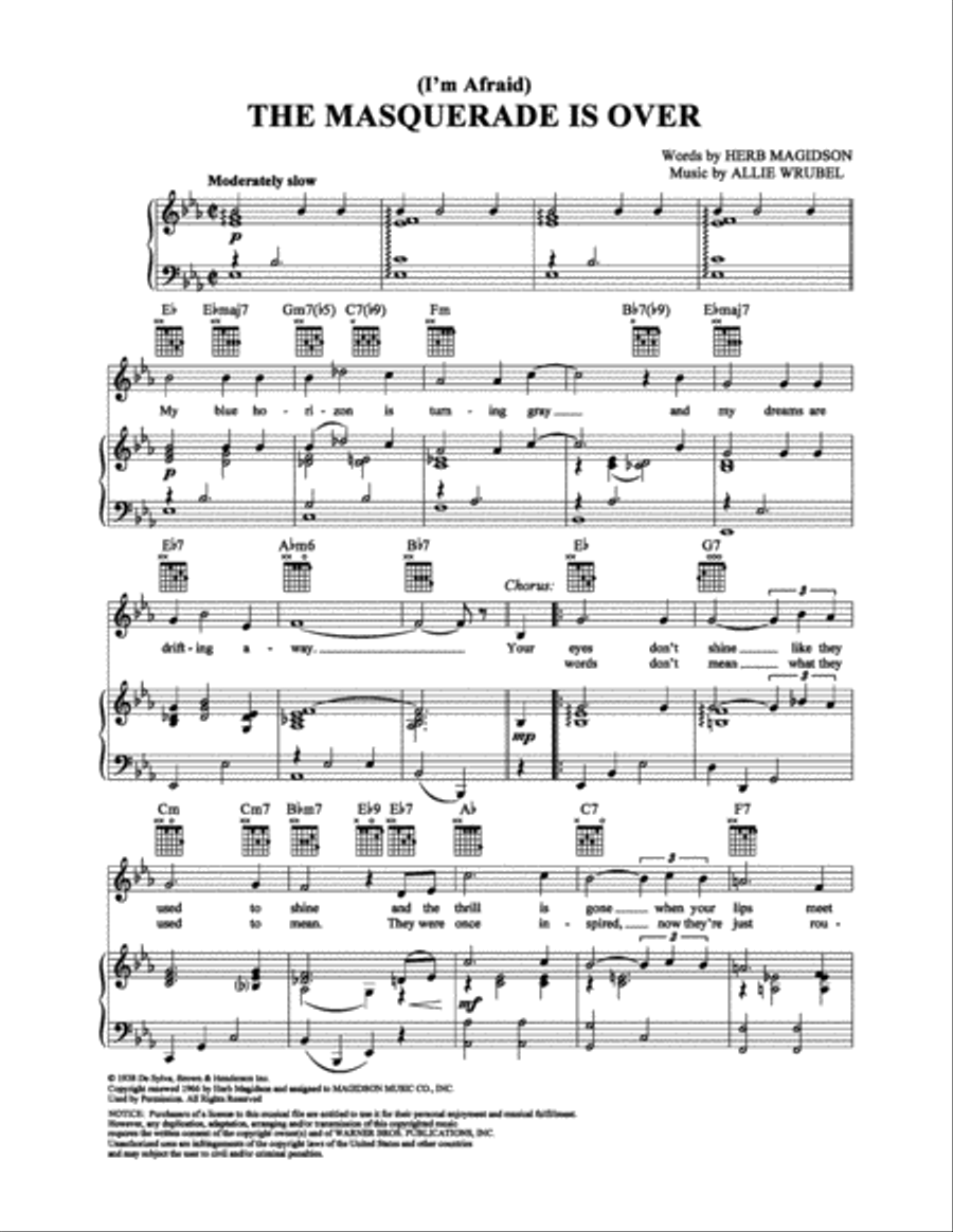 (I'm Afraid) The Masquerade is Over Piano, Vocal, Guitar scores gallery preview page 1