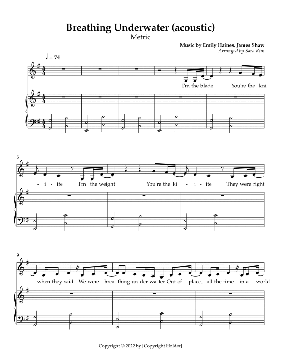 Breathing Underwater Piano, Vocal, Guitar scores gallery preview page 1