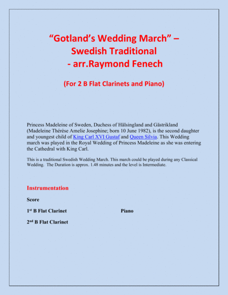 Gotland's Wedding March - Traditional - 2 B Flat Clarinets and Piano image number null