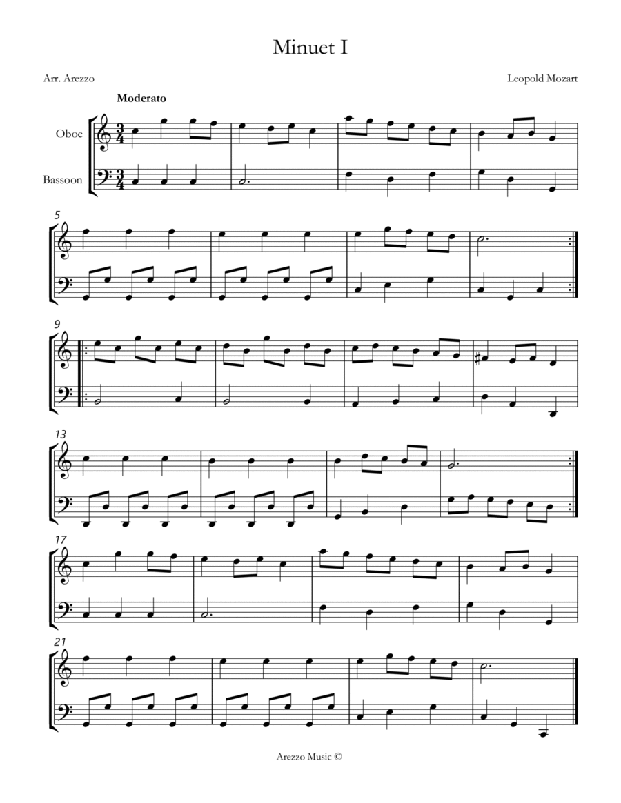 leopold mozart notebook for wolfgang minuet I Oboe and Bassoon sheet music Woodwind Duet scores gallery preview page 1
