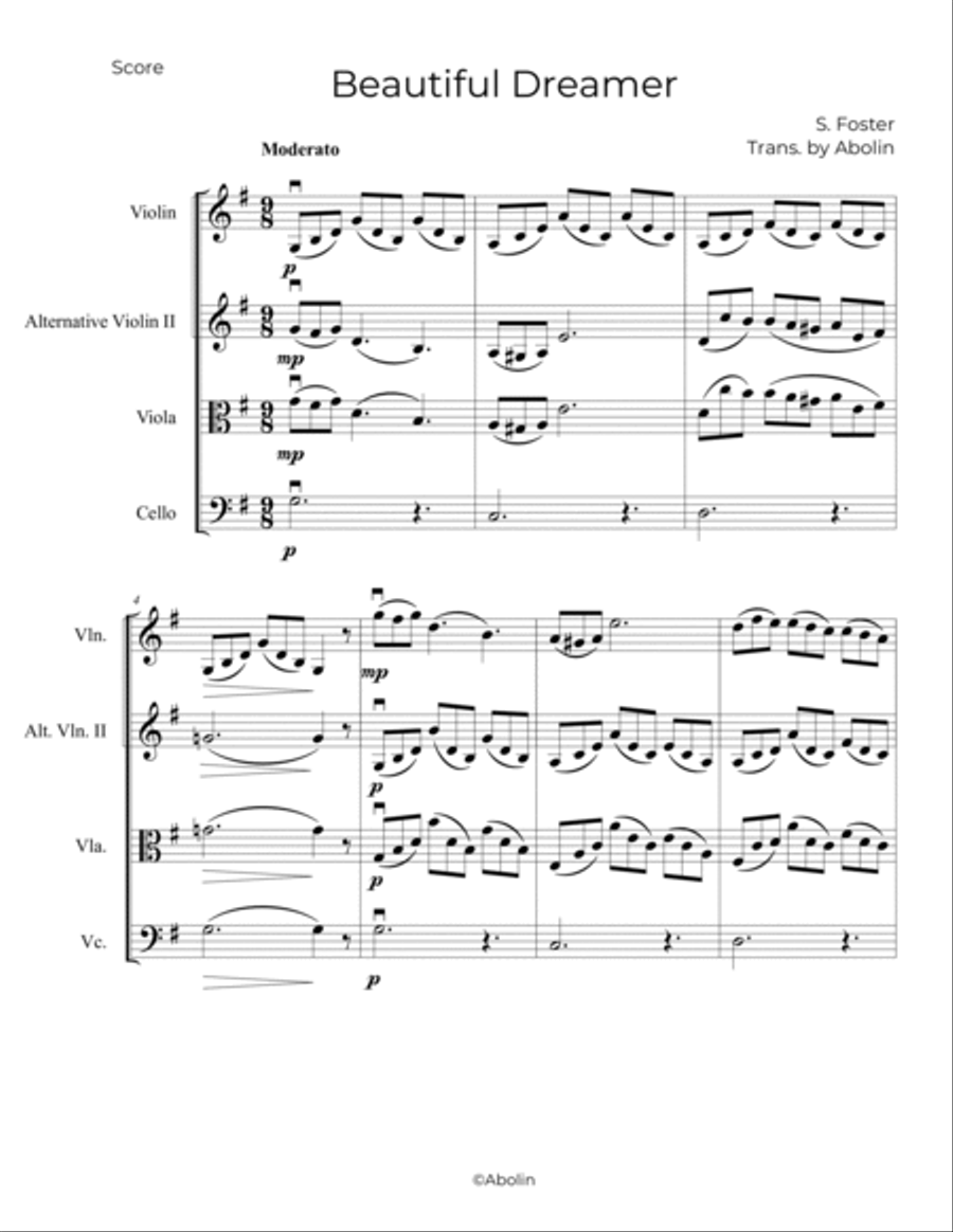 Foster: Beautiful Dreamer - String Trio, or 2 Violins and Cello