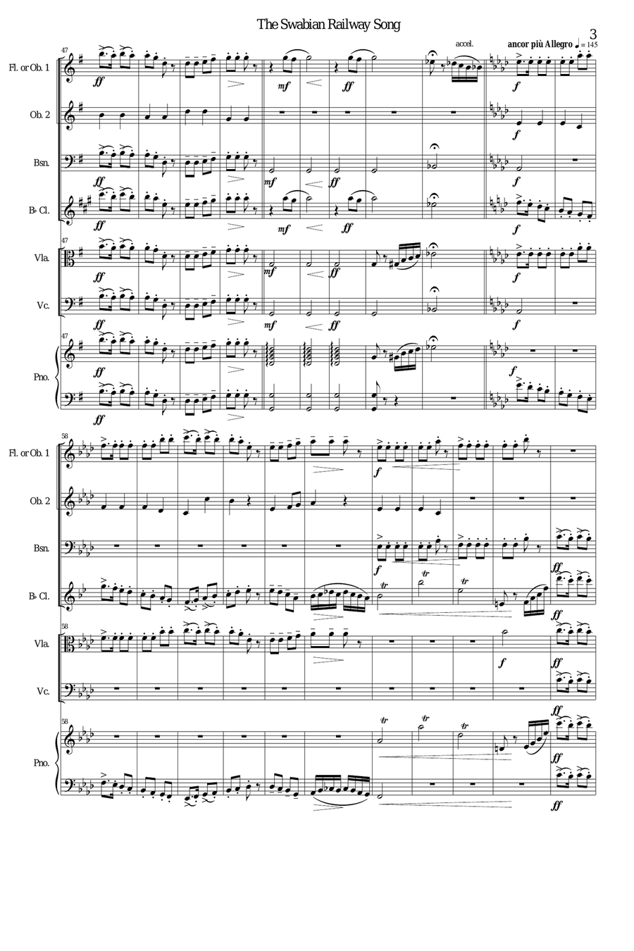Railway Song (Auf de schwäb'sche Eisebahne) flute, oboe, clarinet, bassoon, viola, cello, piano Large Ensemble scores gallery preview page 3