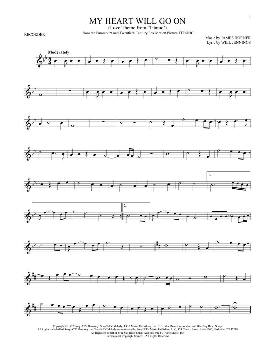 My Heart Will Go On (Love Theme from Titanic) Recorder scores gallery preview page 1