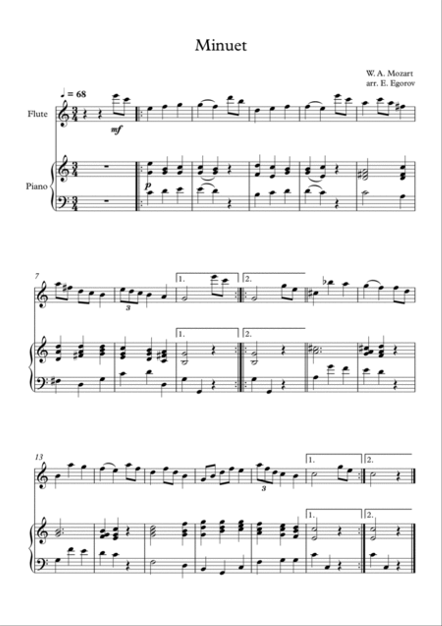 Minuet (In G Major), Wolfgang Amadeus Mozart, For Flute & Piano Flute Solo scores gallery preview page 1
