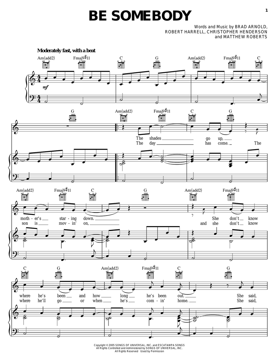 Be Somebody Piano, Vocal, Guitar scores gallery preview page 1