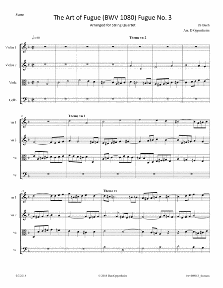 Bach: The Art of Fugue (BWV 1080), No. 3; arr. for String Quartet String Quartet scores gallery preview page 1