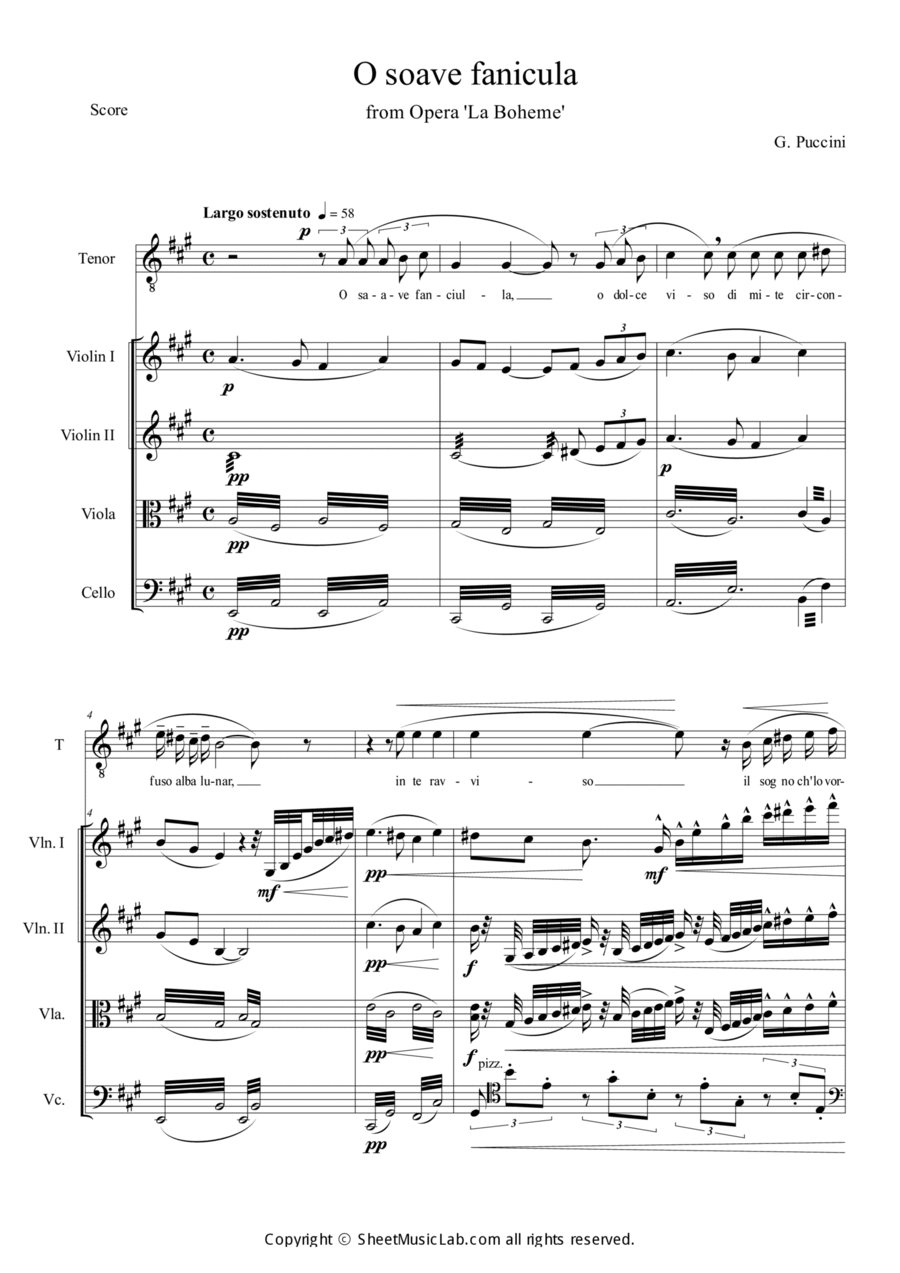 O Soave Fanciulla (from La Boheme) String Quartet scores gallery preview page 1