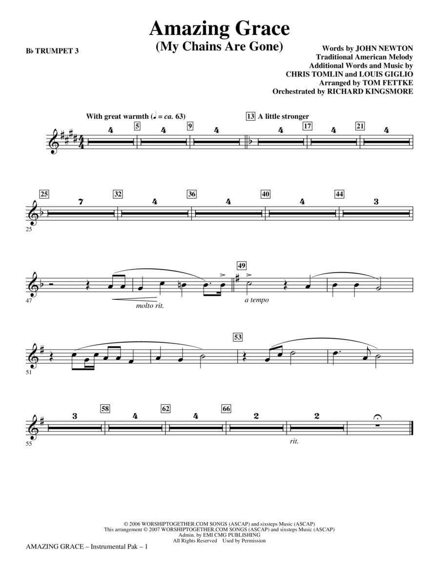 Amazing Grace (My Chains Are Gone) - Bb Trumpet 3 Choir scores gallery preview page 1