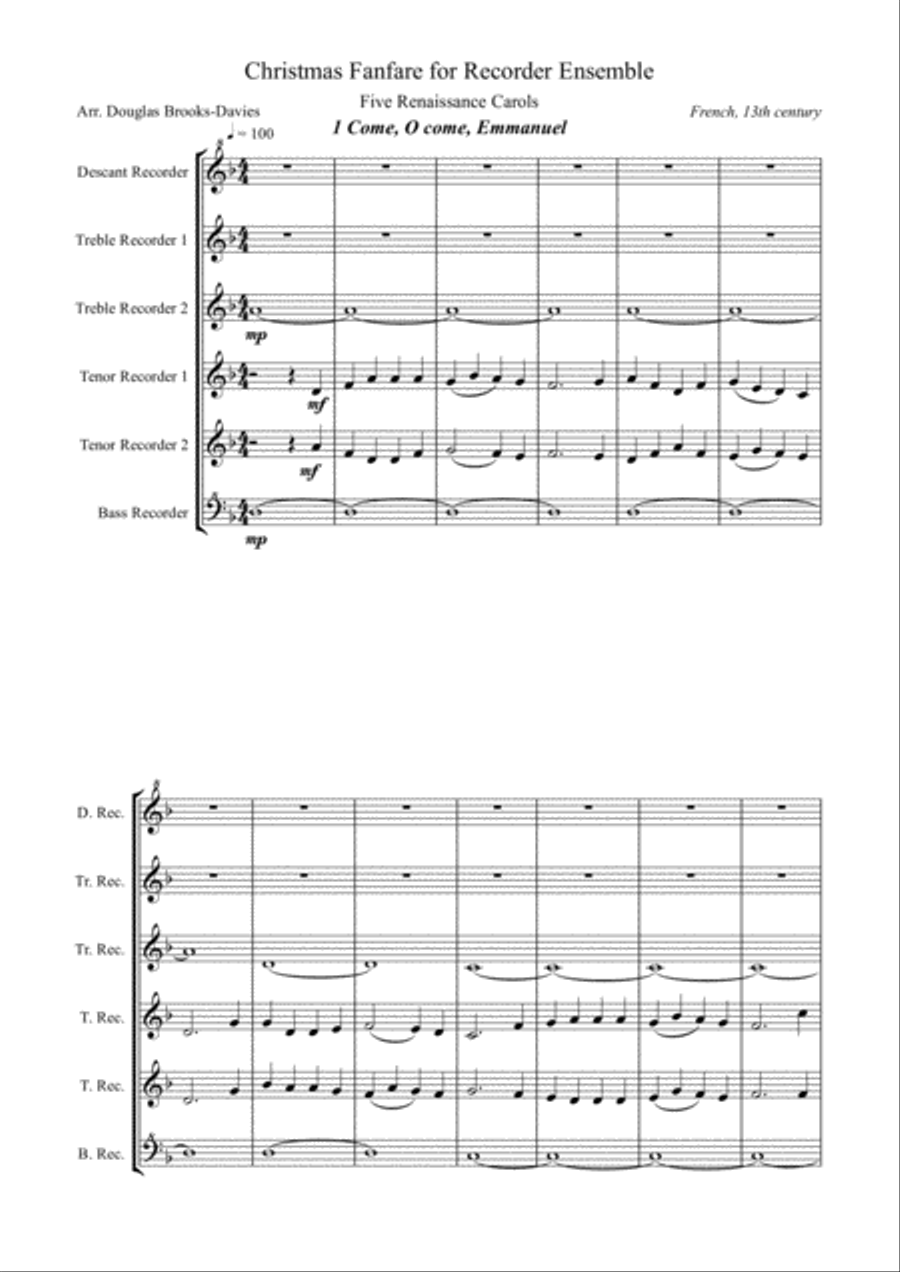 Christmas Fanfare for Recorder Ensemble: Five Renaissance Carols Recorder scores gallery preview page 1