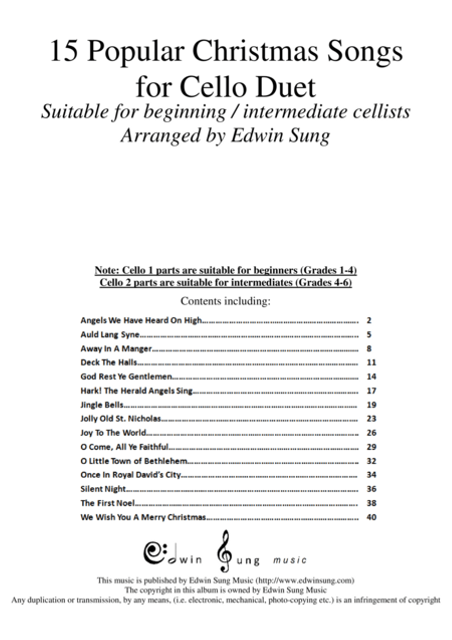 15 Popular Christmas Songs for Cello Duet (Suitable for beginning / intermediate cellists) String Duet scores gallery preview page 1