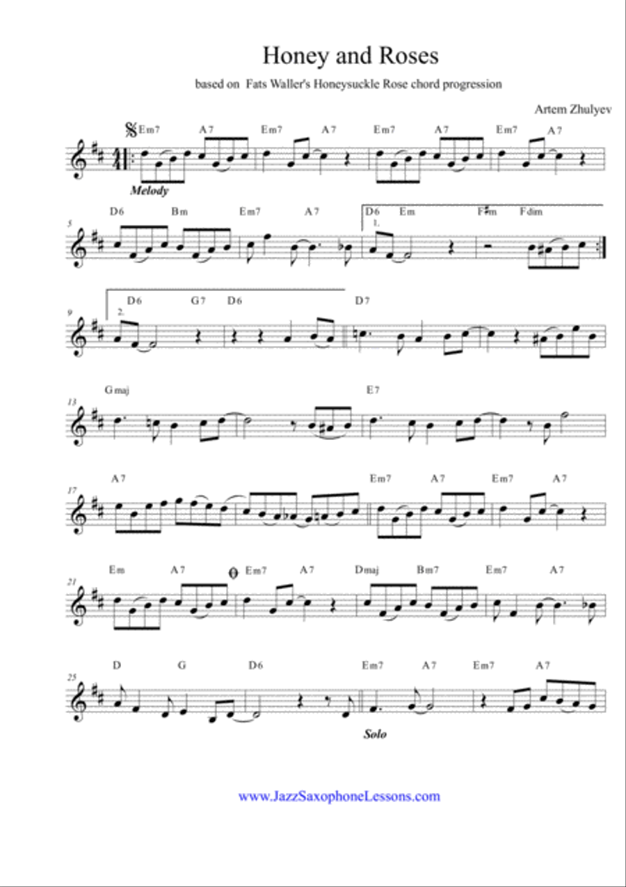 Honey & Roses (based on ¨Honeysuckle Rose¨ by Fats Waller) for Saxophone Alto / Baritone Woodwind Trio scores gallery preview page 2