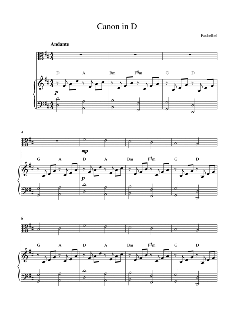 Canon in D (for viola solo and piano accompaniment) Piano scores gallery preview page 1