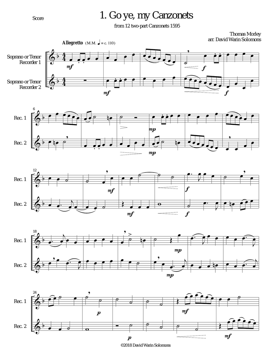12 easy Canzonets for soprano and or tenor recorder duo Woodwind Duet scores gallery preview page 1