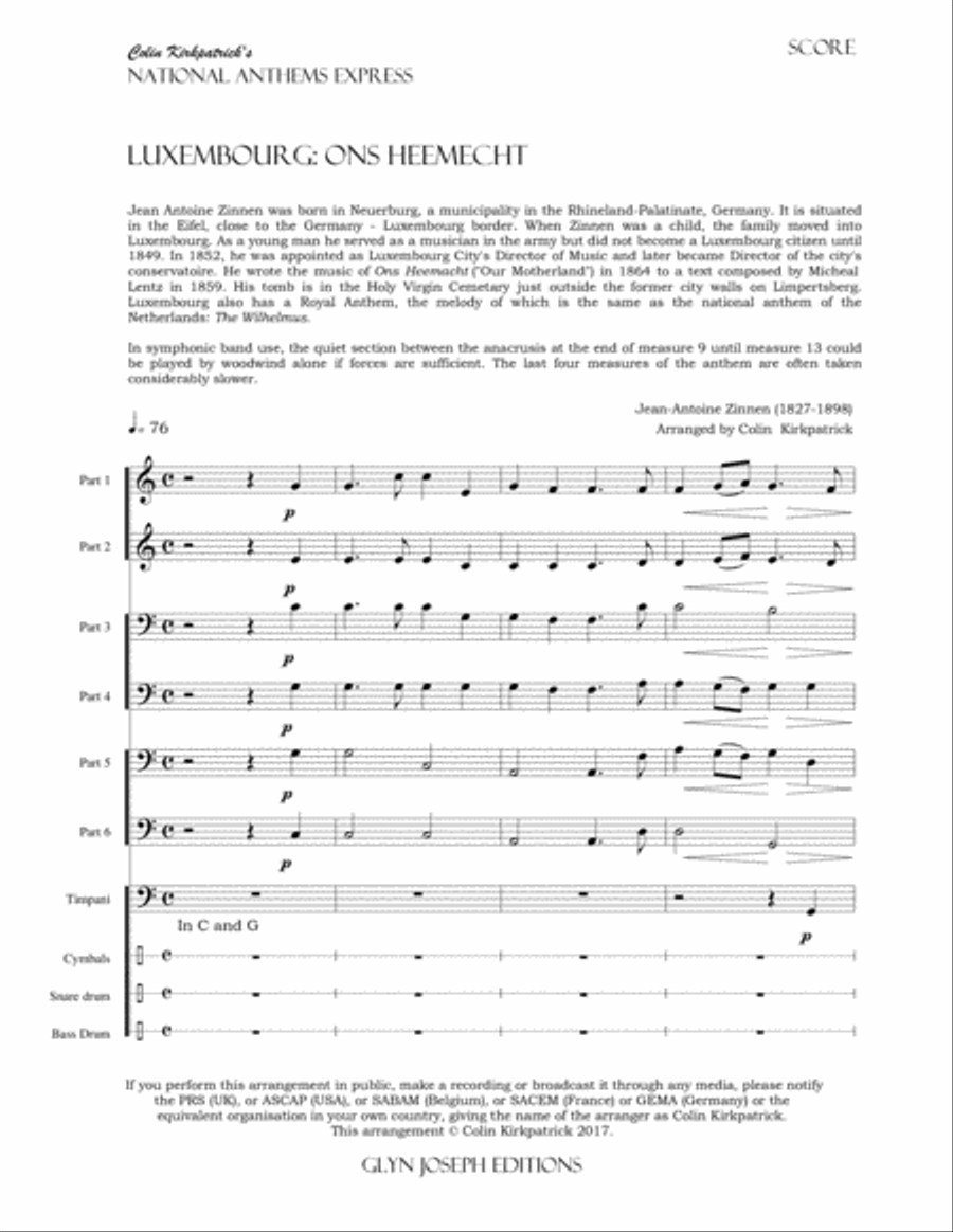 Luxembourg National Anthem: Ons Heemecht (Our Homeland) Large Ensemble scores gallery preview page 4