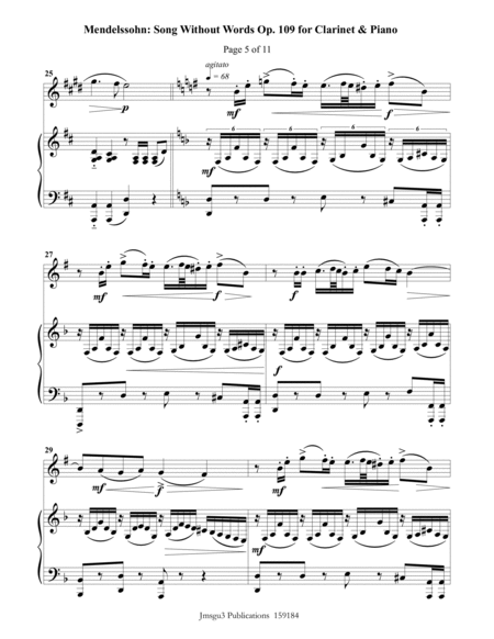 Mendelssohn: Song Without Words Op. 109 for Clarinet & Piano image number null