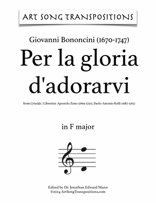 Book cover for BONONCINI: Per la gloria d'adorarvi (transposed to F major)