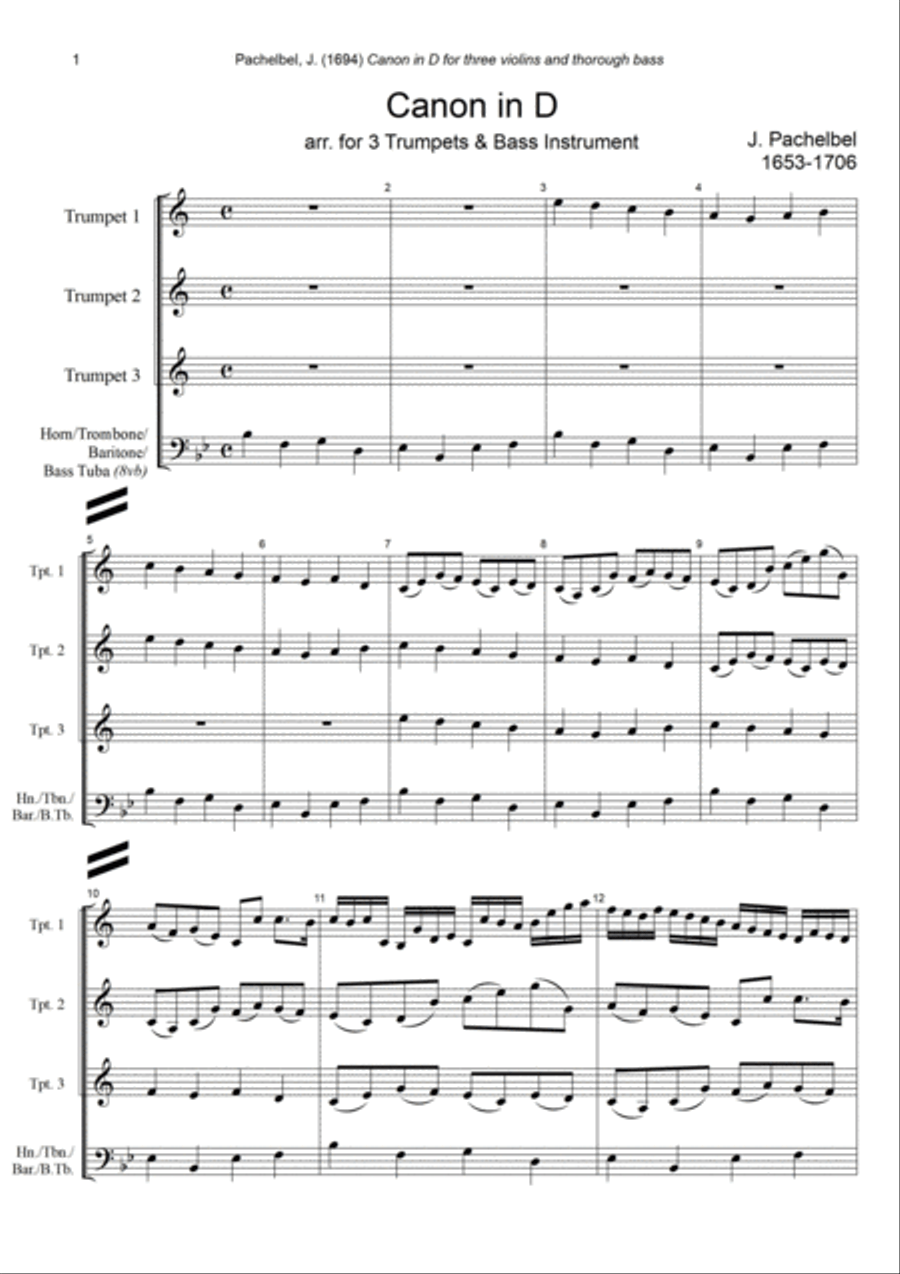 J. Pachelbel - Canon in D-dur, arr. for 3 Trumpets & Bass Instrument Trumpet Trio scores gallery preview page 1