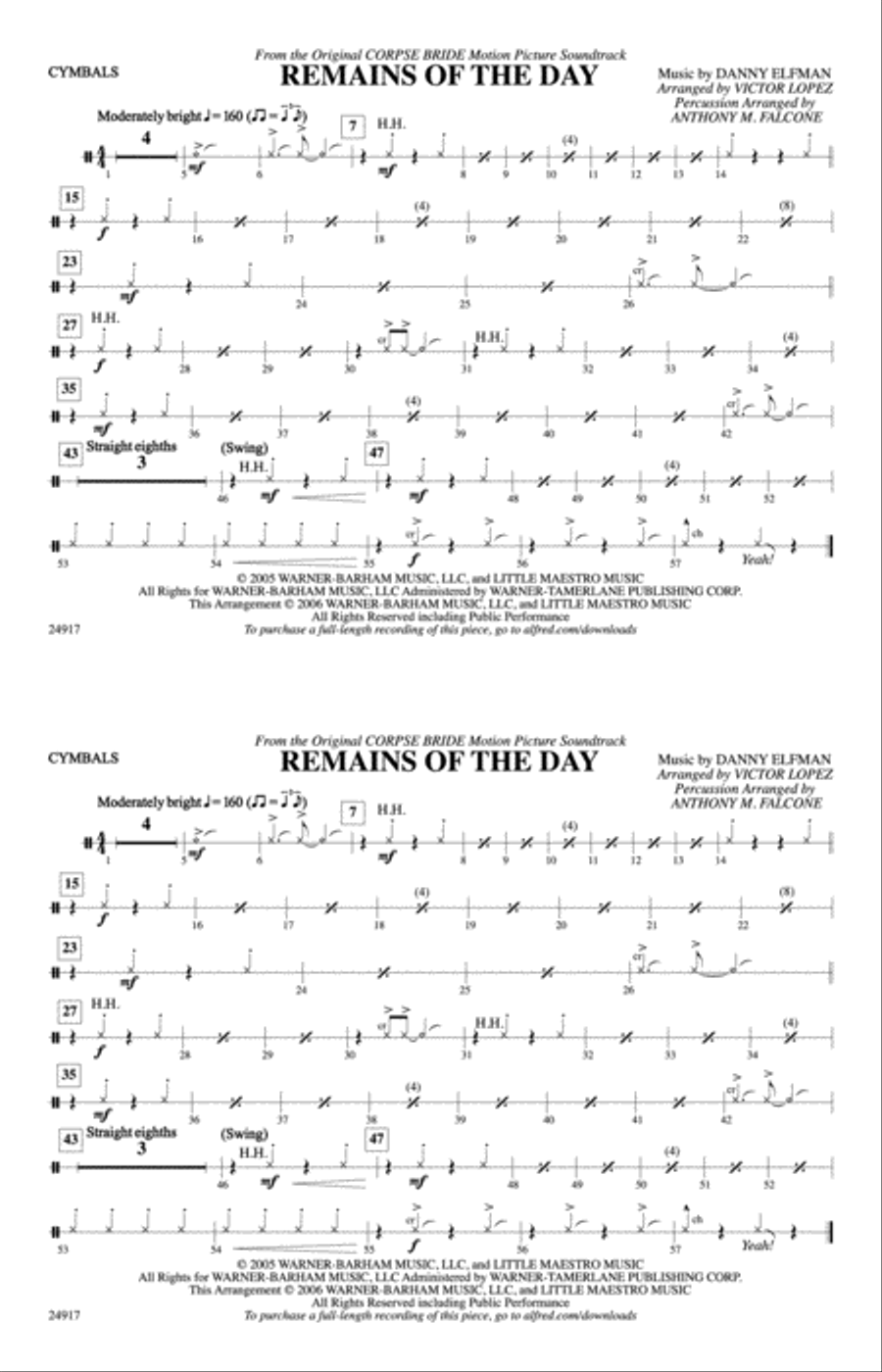Remains of the Day (from Corpse Bride): Cymbals Marching Band scores gallery preview page 1