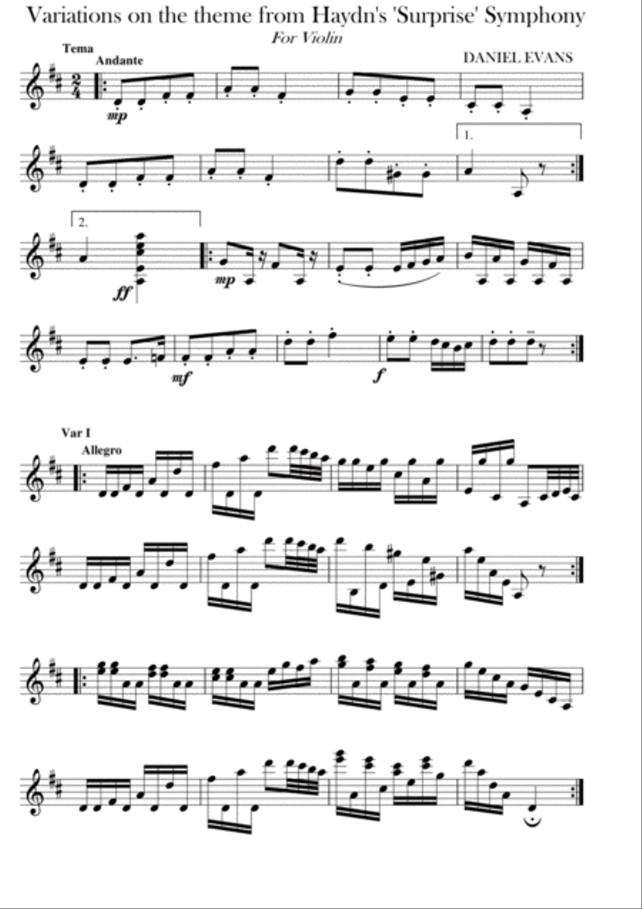 Variations on the theme from Haydn's 'Surprise' Symphony for Solo Violin Violin Solo scores gallery preview page 1