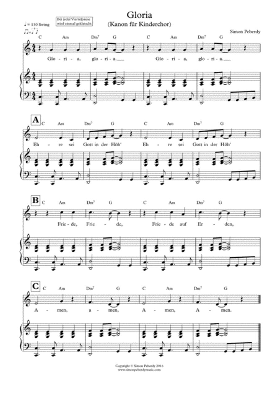 Gloria: Ehre sei Gott in der Höh' Kanon für Kinderchor (canon for children's choir) SA scores gallery preview page 2
