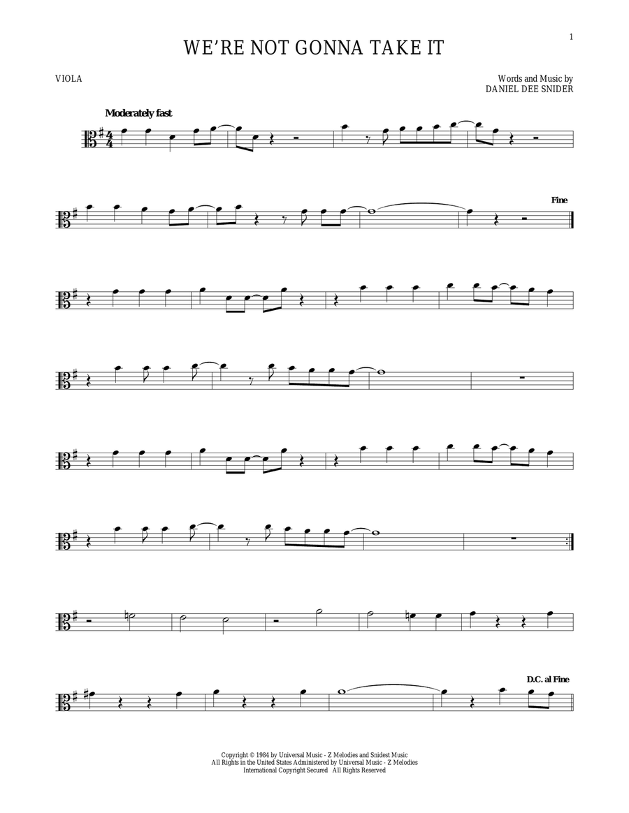 We're Not Gonna Take It We're Not Gonna Take It Viola Solo scores gallery preview page 1