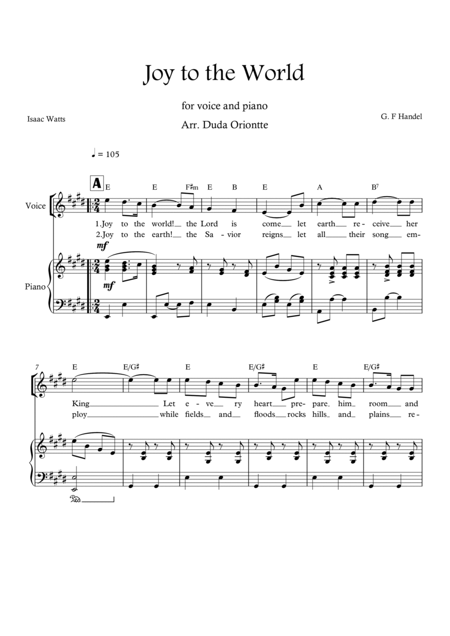 Joy to the World (E major - one voice - with chords) Voice scores gallery preview page 1