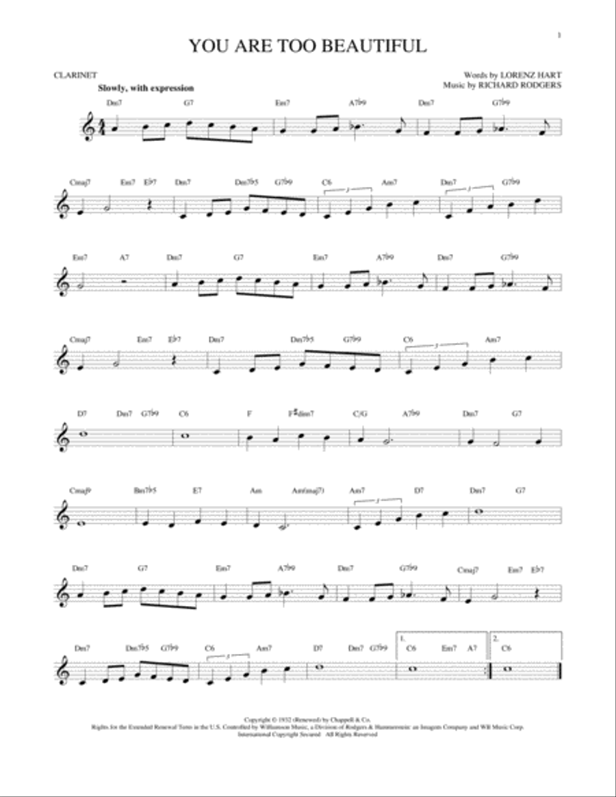 You Are Too Beautiful Clarinet Solo scores gallery preview page 1
