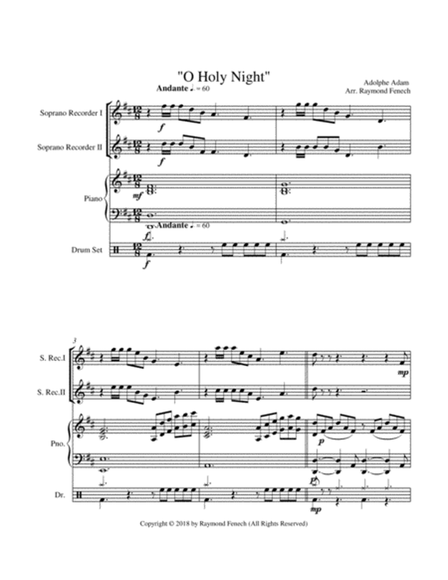 O Holy Night - 2 Soprano Recorders, Piano and Optional Drum Set - Intermediate Level image number null