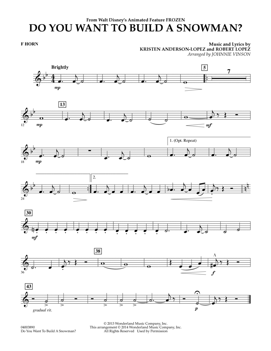 Do You Want to Build a Snowman? (from Frozen) (arr. Johnnie Vinson) - F Horn Concert Band scores gallery preview page 1