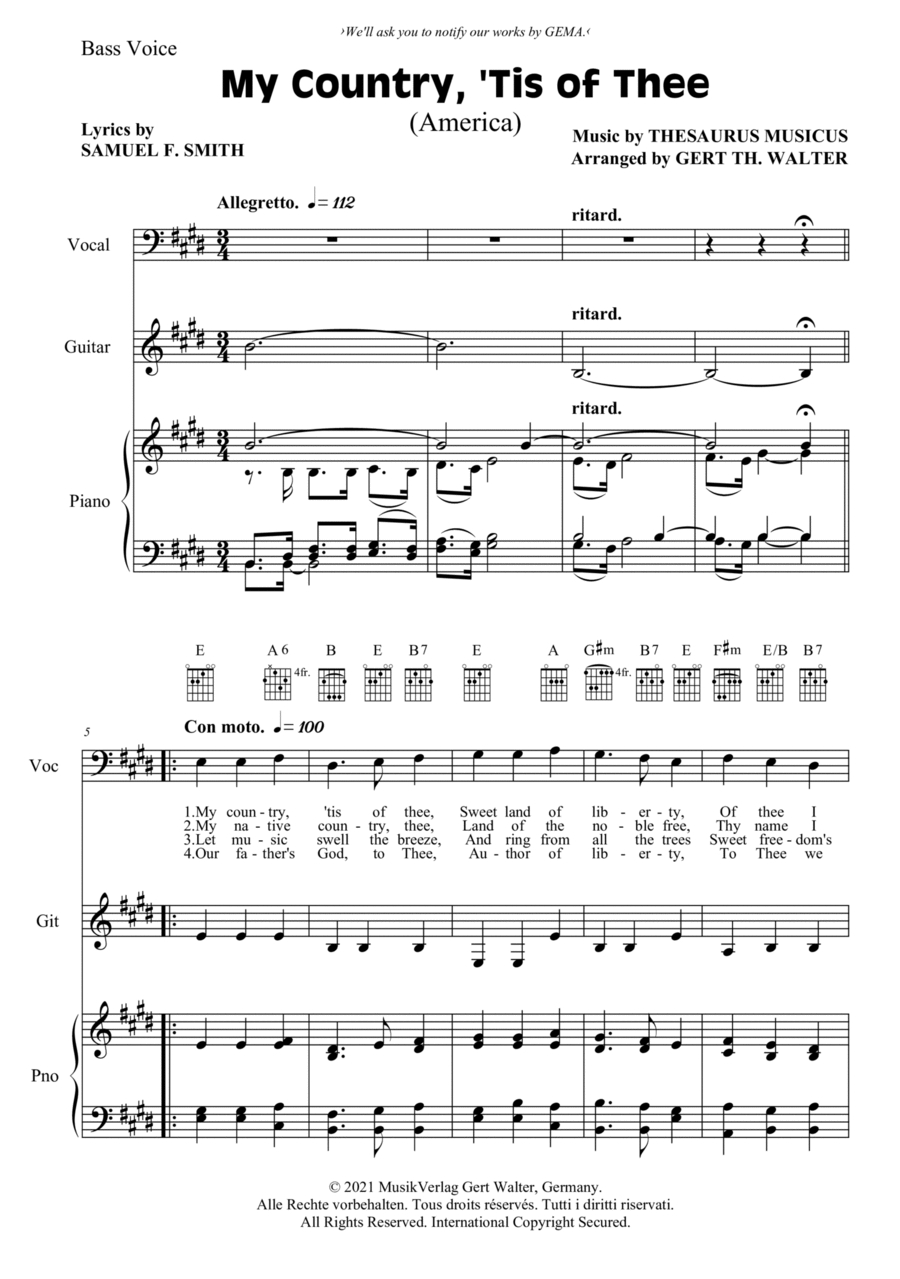 My Country, 'Tis Of Thee (America) Piano, Vocal, Guitar scores gallery preview page 1