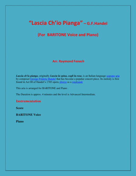 Lascia Ch'io Pianga - From Opera 'Rinaldo' - G.F. Handel ( Baritone Voice and Piano) image number null