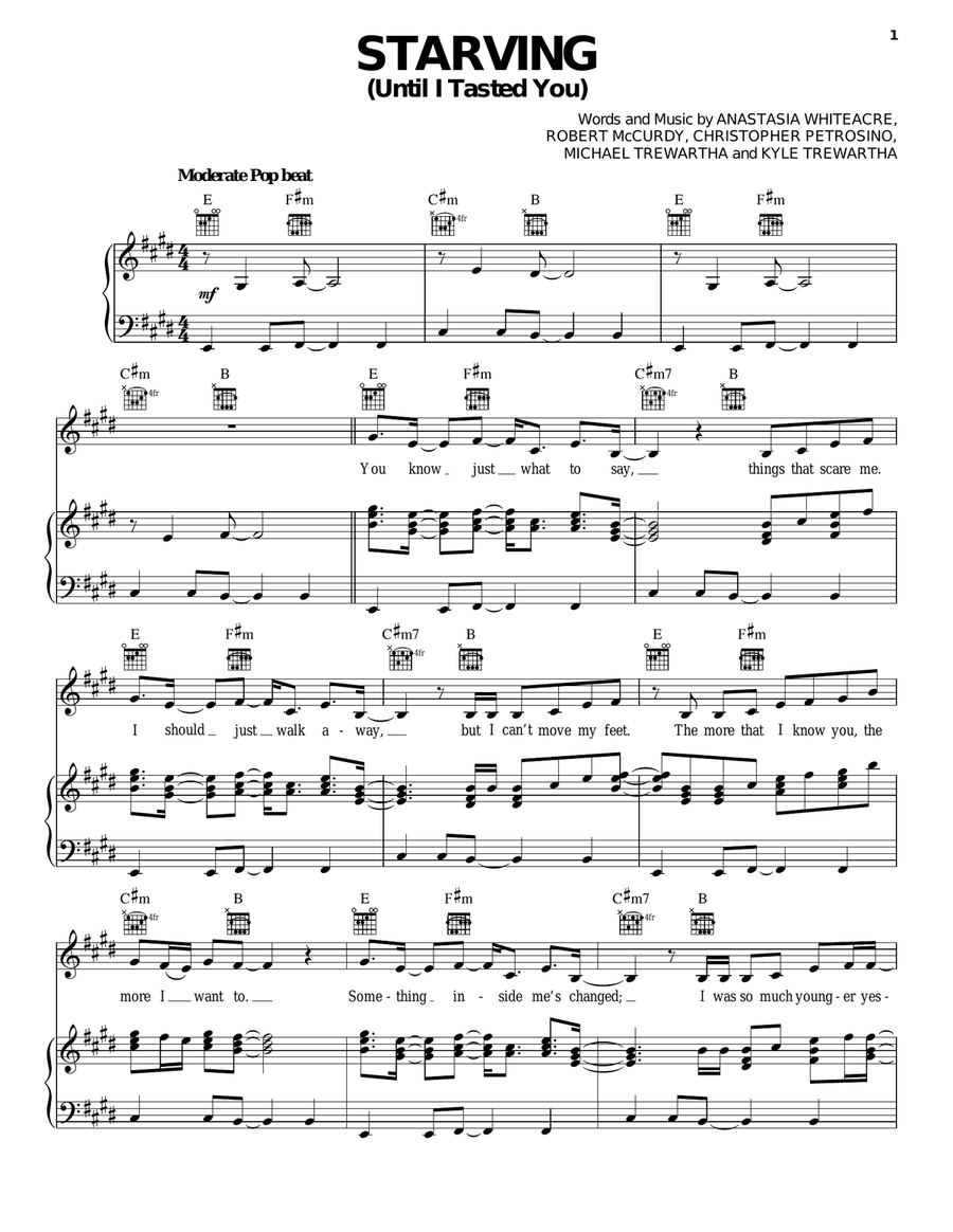 Starving (Until I Tasted You) Piano, Vocal, Guitar scores gallery preview page 1