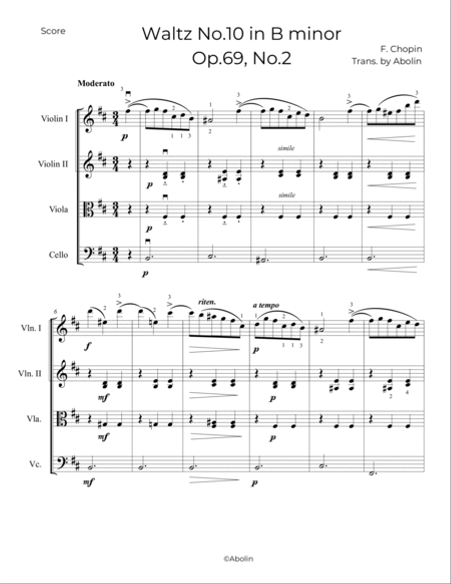 Chopin: Waltz No.10, Op.69, No.2 - String Quartet String Quartet scores gallery preview page 2